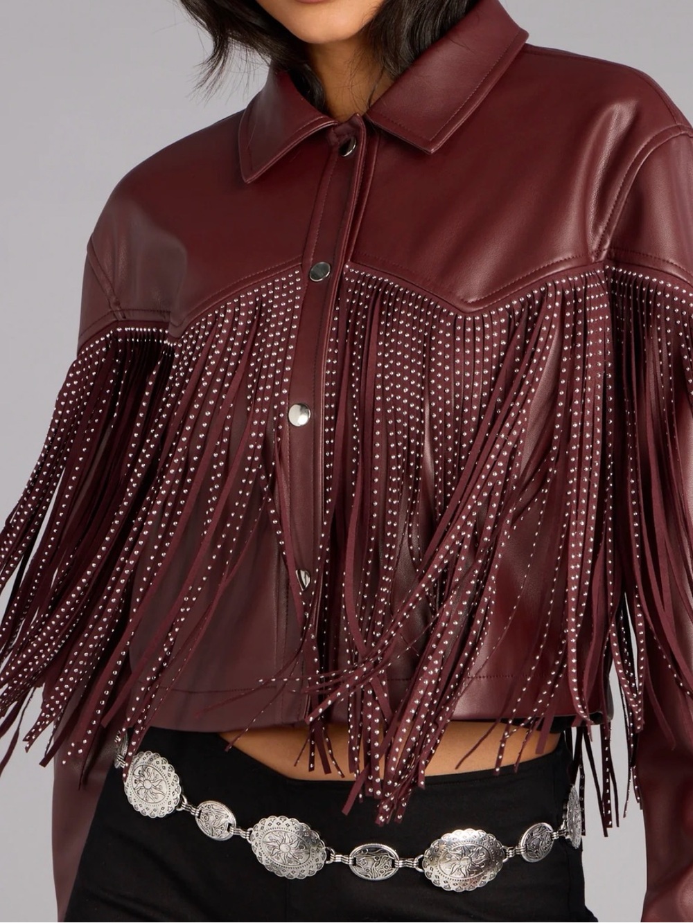 Burgundy Fringed Faux Leather Jacket - Picture 2 of 3